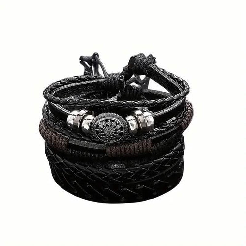 4-Piece Set: Exquisite Vintage-Style PU Leather Woven Handmade Charm Bracelets for Men