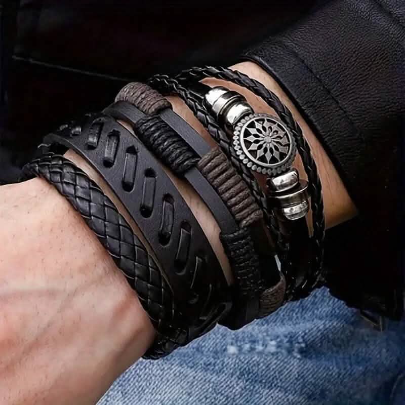 4-Piece Set: Exquisite Vintage-Style PU Leather Woven Handmade Charm Bracelets for Men